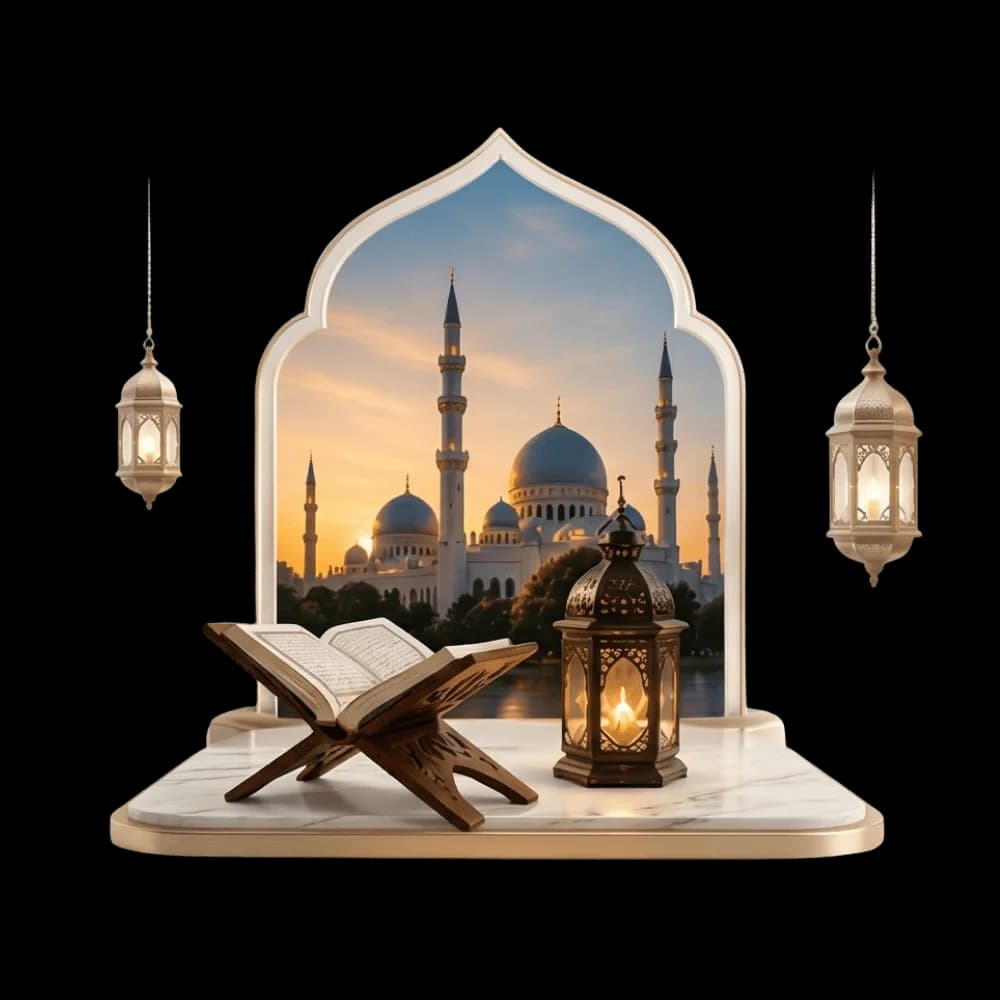 Seyr FM yayınlarını temsil eden cami, kandil ve Kur'an-ı Kerim kompozisyonu