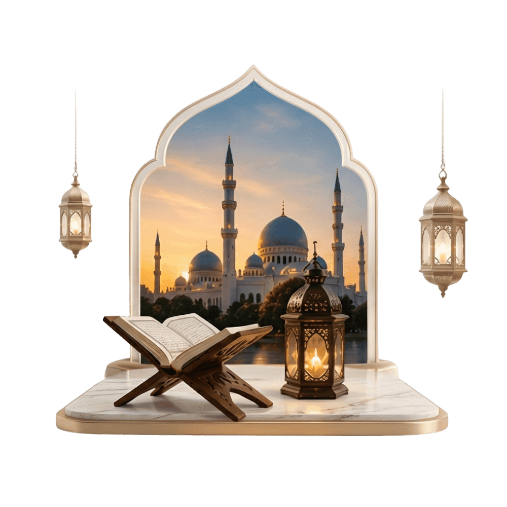 Seyr FM yayınlarını temsil eden cami, kandil ve Kur'an-ı Kerim kompozisyonu